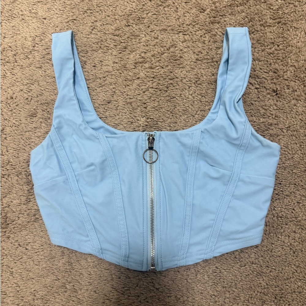 Light Blue Zippered Corset Like Cropped Top